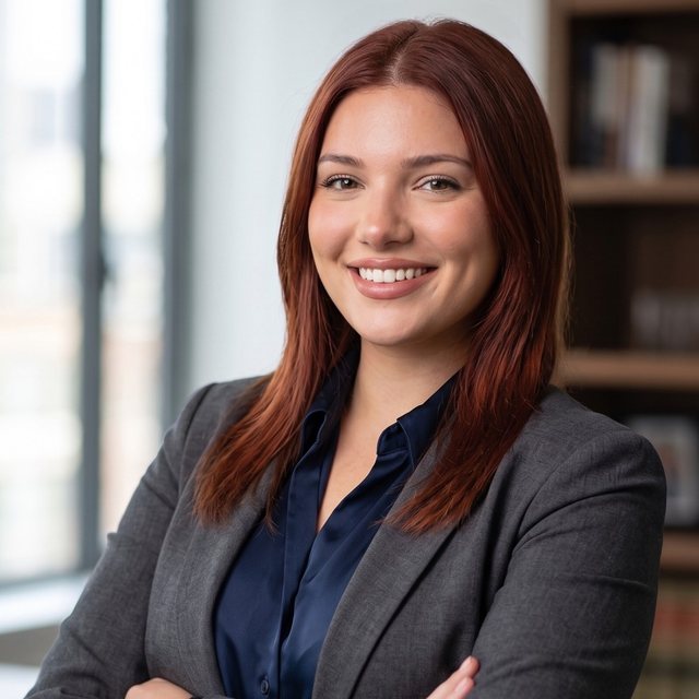 Gemma Ostrander, in a charcoal blazer, in her office